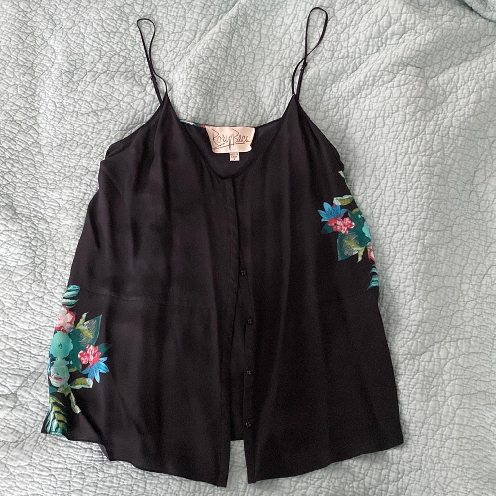 Rory Beca black silk tank with tropical flower print and snap front